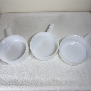 3 Piece Milk White Glass J-2639-14 Oz Ovenware Stacking Handle Soup Bowls USA